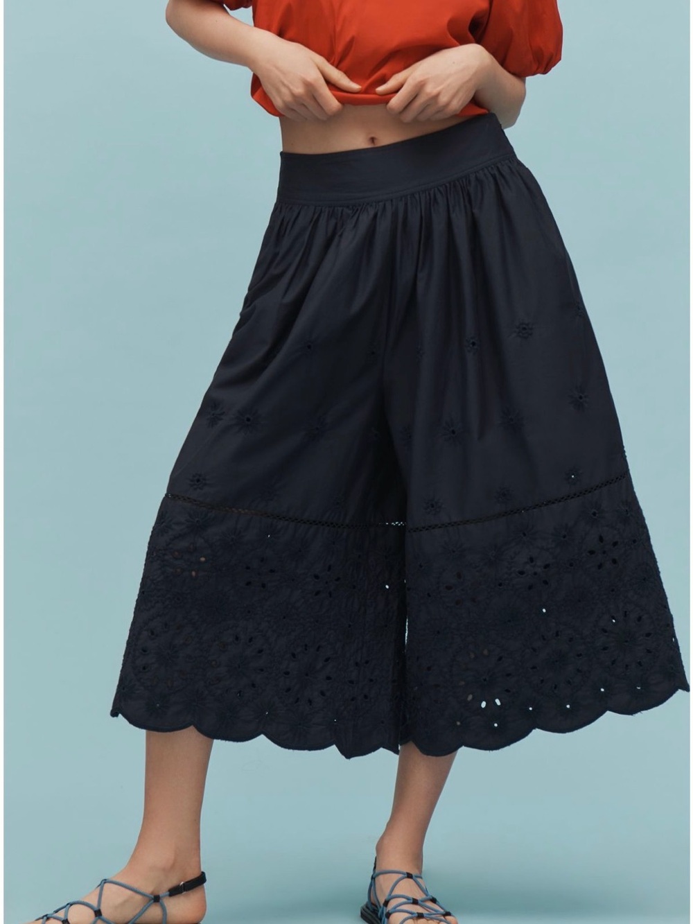 Maeve Navy Eyelet Wide-Leg Culotte Pants